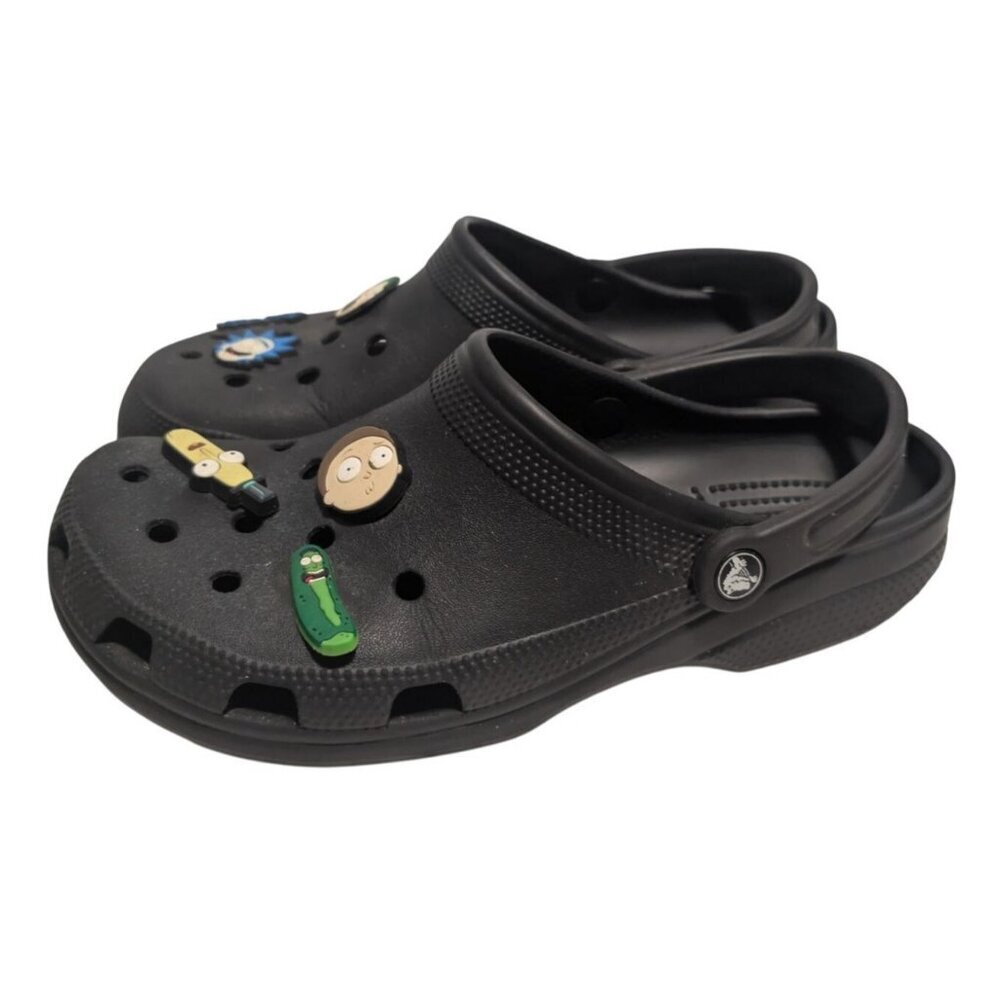 Crocs Classic Clogs Black Mens 9 Womens 11 with Rick and Morty Jibbitz Charms